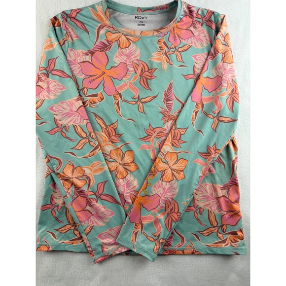 Roxy Womens Medium Rash Guard Floral Long Sleeve Swim Shirt Top Teal Pink - Picture 1 of 10